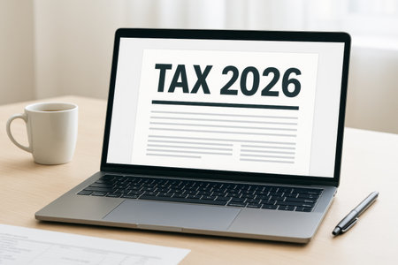 Laptop displaying tax 2026 document on screen, office setting, AI generatedの素材