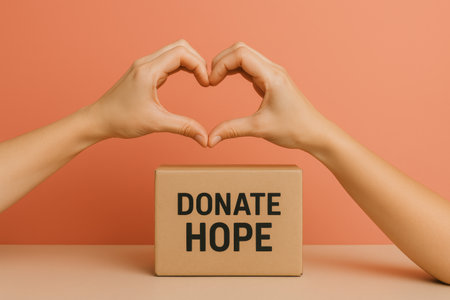 Hands forming a heart above a box labeled donate hope on giving tuesday, AI generatedの素材