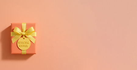 Gift box with yellow ribbon and special offer tag on pastel background, AI Generatedの素材