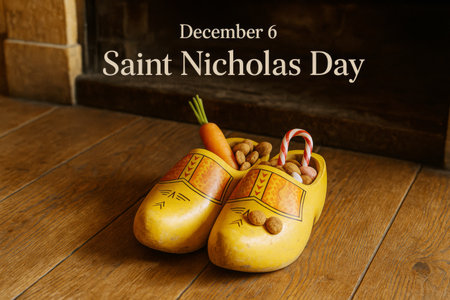 Sinterklaas holiday wooden shoes with treats for Saint Nicholas Day, copy space, AI generatedの素材