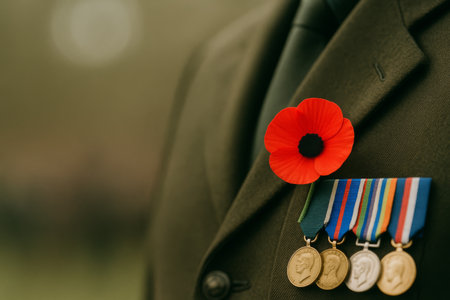 Armistice Remembrance Day soldier with medals and poppy, background, AI generatedの素材