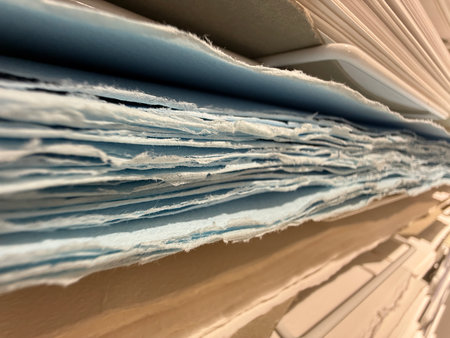 Stacks of blue and white textured paper in close-up view suitable for abstract background. Mobile photoの写真素材