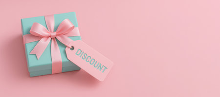 Pastel gift box with pink ribbon and discount tag, black Friday shopping, AI generatedの素材