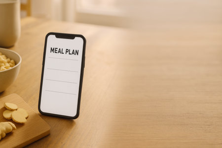 Mobile meal plan on wooden kitchen table with cookies, background, AI generatedの素材