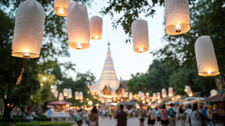 Lantern festival Yi Peng with blurred temple and crowd at twilight, background, AI generatedの素材
