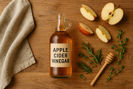 Apple cider vinegar bottle with sliced apples and herbs on wooden background, AI generatedの素材