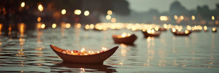 Asian festival Yi Peng lanterns floating on water at night, background, AI Generatedの素材