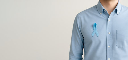 Men health awareness blue ribbon on mans shirt for mens health, concept with copy space, AI Generatedの素材