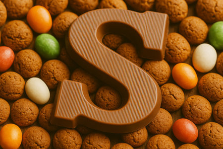 Sinterklaas holiday treats with chocolate letter on cookie background, AI generatedの素材