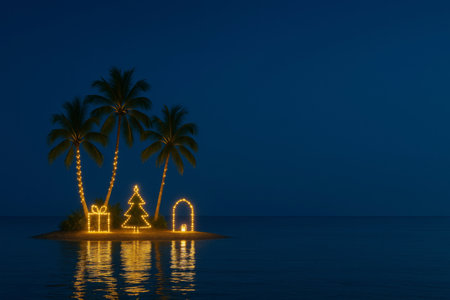 Christmas lights on tropical island with illuminated palm trees, nighttime scene, AI generatedの素材