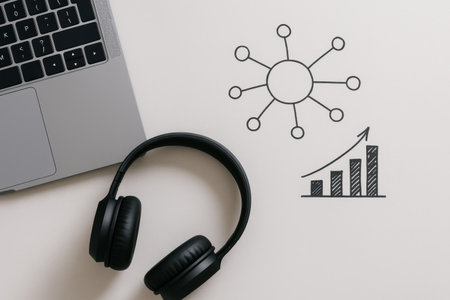 Flatlay concept with laptop, headphones, and business icons on white background, AI generatedの素材