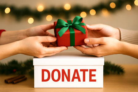 Christmas gift exchange with hands and donation box, charity concept, AI generatedの素材