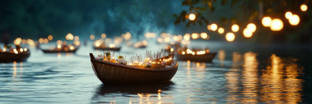Asian festival Yi Peng lanterns floating on water at night, background, AI Generatedの素材