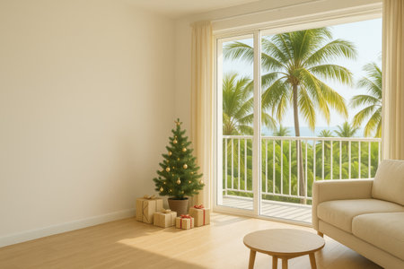 Christmas tree with gifts near window overlooking tropical palm trees, background, AI generatedの素材
