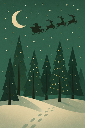 Santa on a sleigh flying over snowy pine forest at night, Christmas postcard, AI generatedの素材