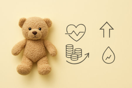 Toy bear and financial health icons on yellow background, AI generatedの素材