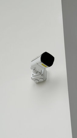 Surveillance camera on white wall with ample copy space emphasizing security concept. Mobile photo