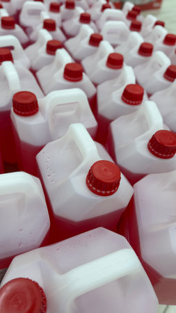 Plastic bottles with red liquid and caps arranged together. Ideal for a background image. Mobile photoの写真素材