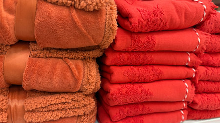 Stacked orange and red towels neatly arranged in a retail display at a store. Mobile photoの写真素材
