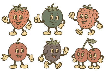 Vintage Animated illustration berry personages with playful expressions, isolated on transparent, AI Generatedの素材