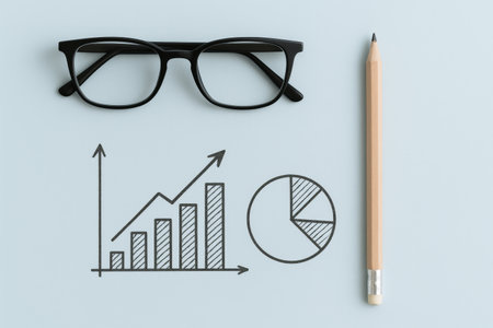 Glasses and pencil with chart drawings on light surface, concept of analysis, AI Generatedの素材
