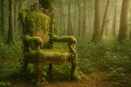 Moss-covered chair in eerie forest serves as enchanting background, AI Generatedの素材