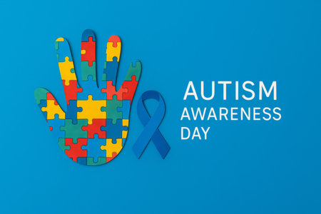 Autism Awareness Day puzzle concept featuring colorful hand and blue ribbon, AI Generatedの素材