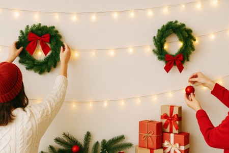 Christmas decoration scene with wreaths and gifts on white wall, AI generatedの素材