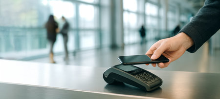 Payment processing with smartphone on terminal in modern setting, AI generatedの素材