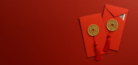 Chinese Lunar New Year red envelopes with gold coins on red background, AI generatedの素材