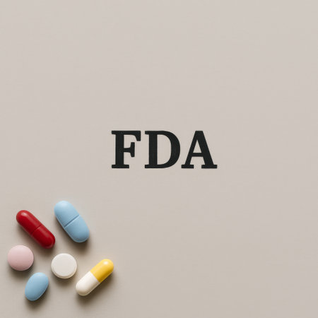 FDA Food and Drug Administration logo and assorted pills on light beige background, AI generatedの素材