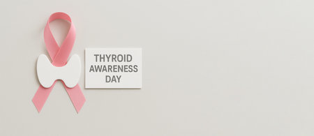 Thyroid awareness day concept with pink ribbon and white background, AI Generatedの素材