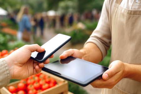 Mobile payment transaction at market stall, digital finance concept, AI generatedの素材