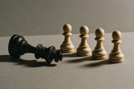 Chess concept of fallen king and standing pawns symbolizing defeat and strategy, AI generatedの素材