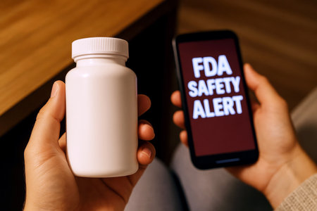 FDA Food and Drug Administration safety alert concept showing person holding pill bottle and phone, AI generatedの素材