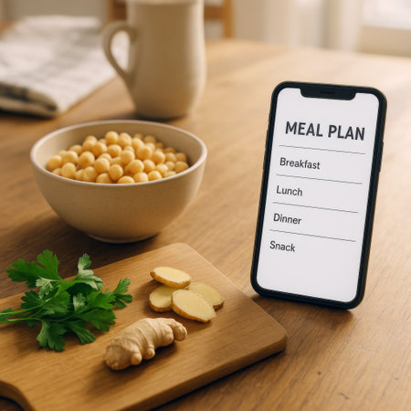 Meal plan displayed on phone with healthy ingredients on wooden table, AI generatedの素材