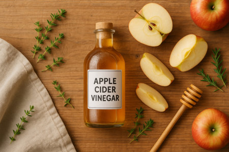Apple cider vinegar bottle with honey and apples on wooden kitchen table, AI generatedの素材