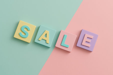 Pastel blocks with letters forming sale on diagonal surfaces, black friday theme, AI generatedの素材