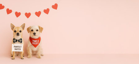 Valentine dogs wearing heart-themed accessories on pink background, copy space, AI Generatedの素材