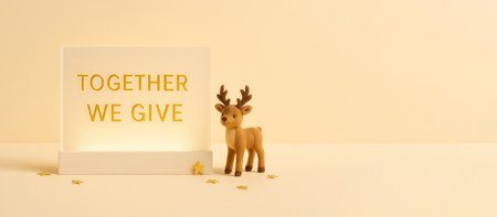 Holiday giving message with toy reindeer and stars on beige background, AI generatedの素材