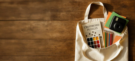 Analog bag with art supplies on wooden table background, AI generatedの素材