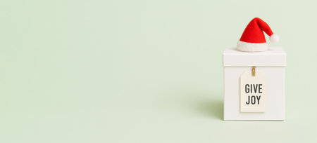 Christmas gift box with santa hat on pastel green background, AI generatedの素材