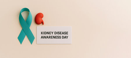 Kidney disease awareness day card with teal ribbon and kidney symbol, copy space, AI Generatedの素材
