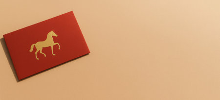 Red envelope with golden horse design on pastel background, Chinese Lunar New Year, AI Generatedの素材