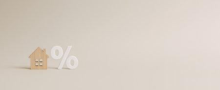 Mortgage concept with wooden house and percentage sign on beige background, AI generatedの素材