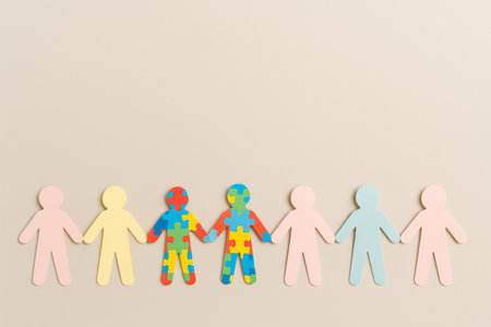 Autism Awareness Day puzzle concept with colorful paper figures, AI generatedの素材