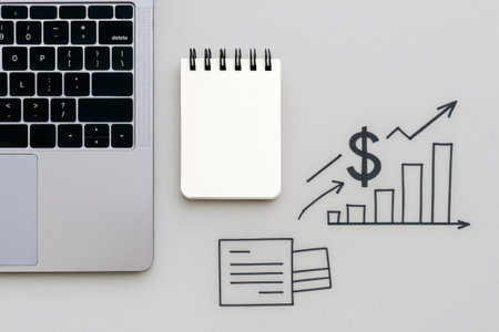 Flatlay concept with laptop, notepad, and business growth icons, AI generatedの素材