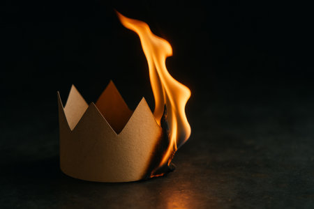 Burning paper crown symbolizing rebellion, protests, and change, dark background, AI generatedの素材