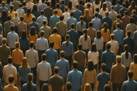 Crowd of people with diverse attire seen from behind, concept of unity, AI generatedの素材