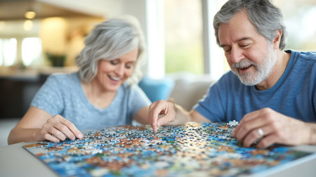 Middle age couple solving puzzle at home, leisure activity, AI generatedの素材